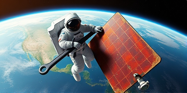 Una ilustración conceptual y satírica de un astronauta flotando en el espacio, sosteniendo una llave inglesa gigante y tratando de instalar un panel solar moderno sobre uno viejo y oxidado. El fondo es la curvatura de la Tierra con un estilo de arte digital detallado, colores vibrantes y un toque de ironía visual, evitando rostros reconocibles.