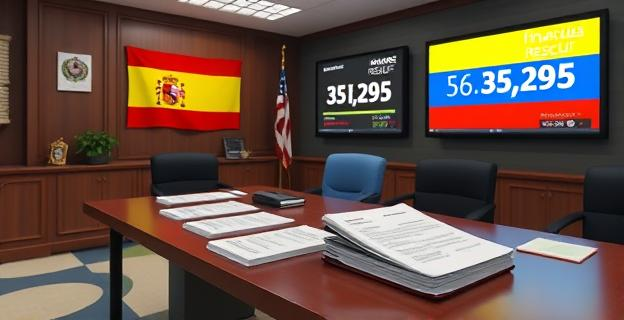 Un despacho gubernamental con documentos y pantallas mostrando cifras de rescates financieros, con un fondo de banderas de España y de Venezuela