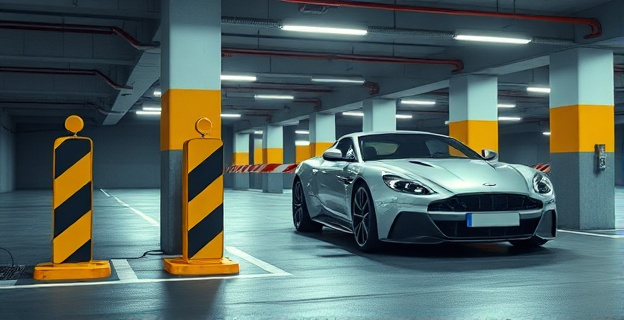Imagen de una barrera de aparcamiento rota junto a un coche de lujo en un aparcamiento subterráneo iluminado