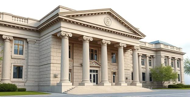 Edificio institucional con fachada de piedra y columnas, representando un centro de investigación científica con ambiente serio y profesional