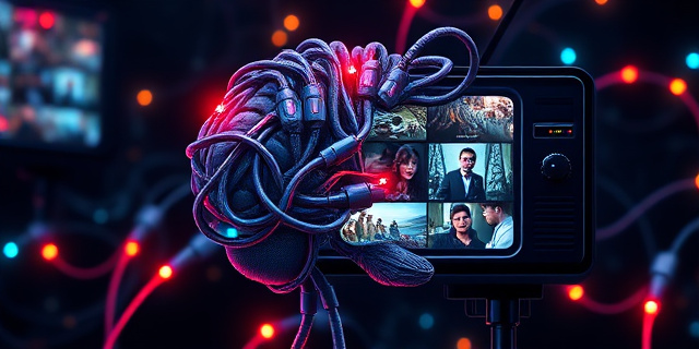Representación abstracta de un cerebro hecho de cables y luces, conectado a una pantalla de televisión que muestra fragmentos de imágenes de series y películas. Estilo cyberpunk, colores neón y oscuros, enfoque en la complejidad y la interconexión.