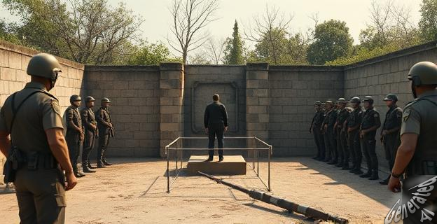 Imagen de una ejecución en un lugar de fusilamiento, con policías y militares presentes, en un entorno de guerra y represión.