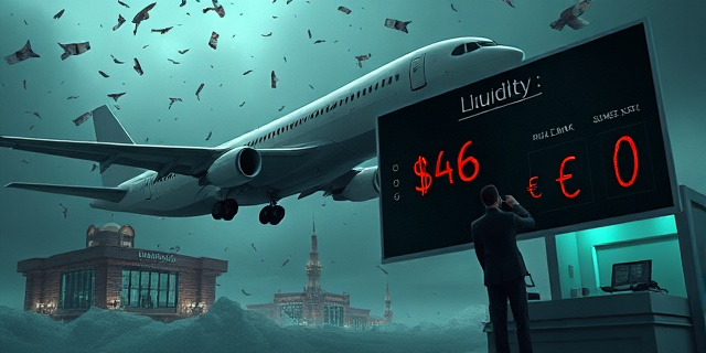 
  Una imagen surrealista en estilo fotografía documental con toques de distopía corporativa: un avión de Plus Ultra posado en una balanza gigante, con monedas de euro cayendo como lluvia mientras un hombre de traje (el auditor) escribe un informe con tiza en una pizarra que dice ‘Liquidez: 0’. Al fondo, un banco de Dominica y un cheque de 46 millones flotando en el aire, firmado por la SEPI. Todo en tonos grises y azules fríos, con luces neón verdes que iluminan solo los números rojos. Estilo Blade Runner meets el contable de la oficina pública.
