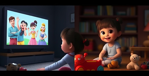 Una niña sentada frente a la televisión, con una expresión de total absorción mientras ve dibujos animados rápidos e intensos. A su alrededor, juguetes y objetos permanecen sin tocar. La habitación está tenuemente iluminada, con la luz de la pantalla iluminando su rostro. En un contraste claro, en otra escena se ve a la misma niña viendo dibujos animados lentos, rodeada de juguetes y objetos con los que interactúa activamente, sonriendo y moviéndose libremente.