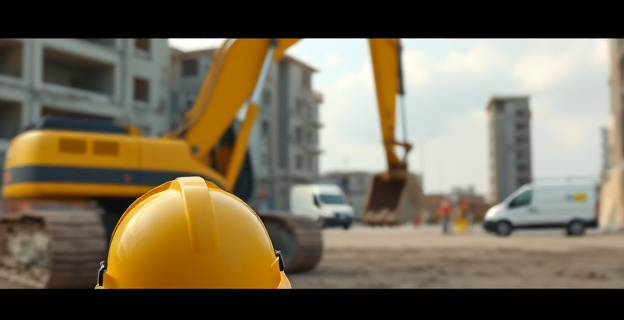 Una excavadora amarilla grande parada en una zona de obras con edificios a medio demoler al fondo, y un casco de obra en primer plano. Al fondo se ve una furgoneta blanca y algunos obreros parados charlando.