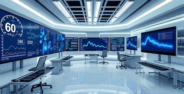 Imagen de un laboratorio futurista con pantallas mostrando análisis de datos y gráficos de moléculas y genes relacionados con el envejecimiento