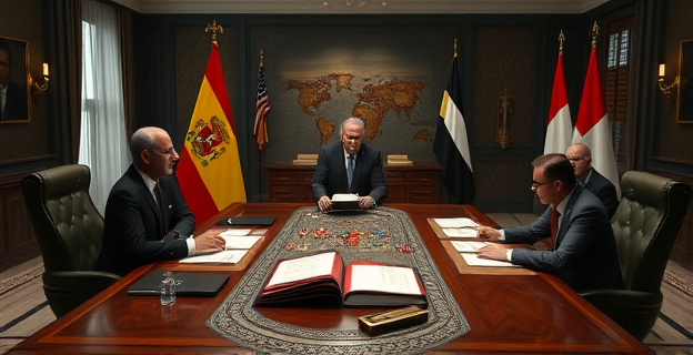 Una escena que muestra un escritorio diplomático con documentos clasificados siendo intercambiados entre representantes de España y Egipto, con un fondo que sugiere tensión geopolítica y un ambiente de secretismo