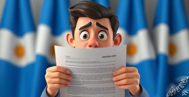 Una imagen de una persona sosteniendo un documento con una expresión de sorpresa y preocupación, con un fondo de banderas argentinas.