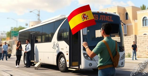 Imagen de un autobús dañado en Jerusalén con gente en el lugar, y una persona con una bandera de España en recuerdo de Jacob Pinto.