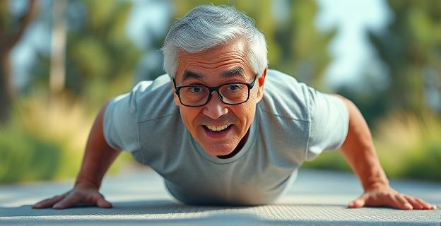 Una persona mayor de 50 años realizando flexiones diamante en un entorno iluminado y natural, con expresión de energía y vitalidad