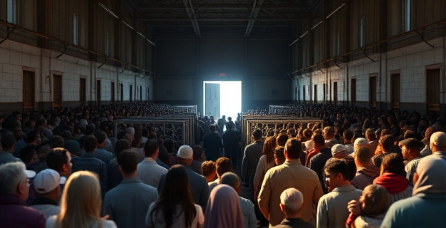 Una imagen conceptual que represente el colapso en un centro de inmigración con personas hacinadas y una puerta hacia la libertad en el horizonte.