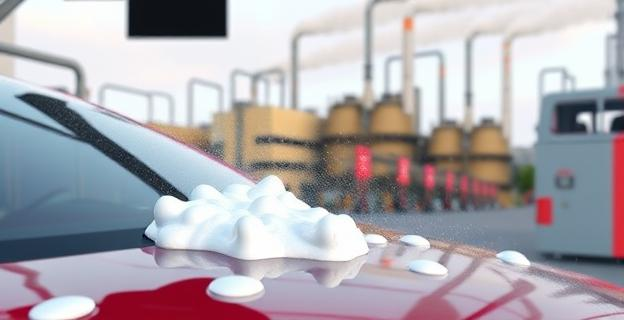 Imagen de un lavadero de coches con agua y jabón, con un fondo industrial con tuberías y chimeneas, representando la contaminación por PFAS