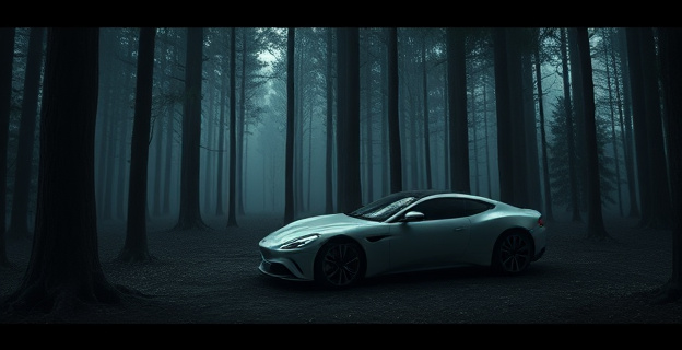 Una escena oscura y tensa en un bosque, con un coche de lujo abandonado y un zulo oculto entre los árboles, con joyas y relojes de lujo en su interior.