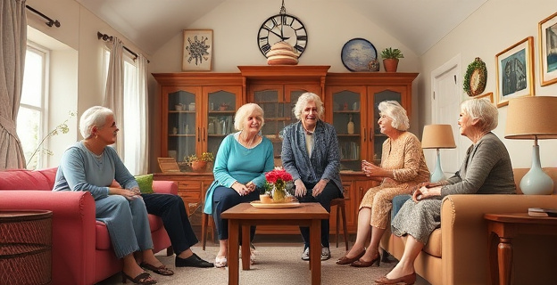 Una escena que muestra un grupo de mujeres lesbianas de diferentes edades viviendo juntas en una casa grande y acogedora, con elementos que representan la comunidad y el apoyo mutuo.