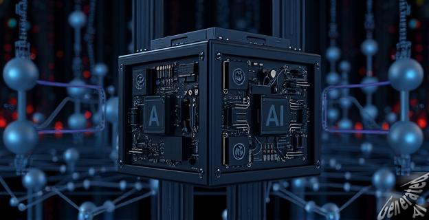 Una caja negra con circuitos y conexiones representando la complejidad de la IA, con patrones de datos y redes neuronales en el fondo.