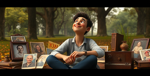 Una persona sentada en un parque rodeada de fotografías antiguas y objetos nostálgicos, con una expresión de serenidad y gratitud en su rostro, mientras escucha música en un viejo reproductor.