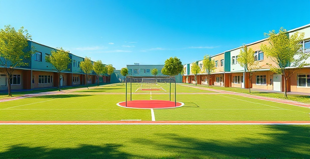Un patio de colegio vacío y renovado con zonas verdes y áreas de juego mixtas, sin campos de fútbol ni cemento, bajo un cielo azul brillante.