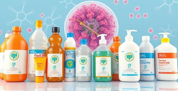 Imagen de varios productos cotidianos como botellas de plástico, cremas solares y jabones, con etiquetas que indican la presencia de disruptores endocrinos. En el fondo, una representación visual de hormonas y moléculas afectadas.