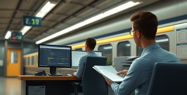 Una escena en una estación de tren donde una empleada está sentada en una oficina con una pantalla de ordenador y una impresora, con un ambiente de sospecha y revisión de documentos.