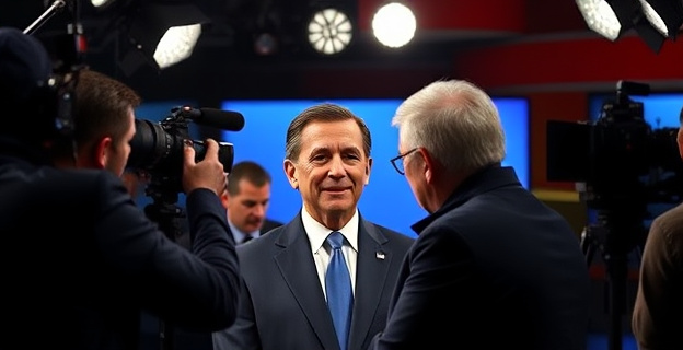 Un equipo de maquillaje profesional trabajando en un estudio de televisión con focos y cámaras alrededor, preparando a una figura política masculina para una comparecencia pública.