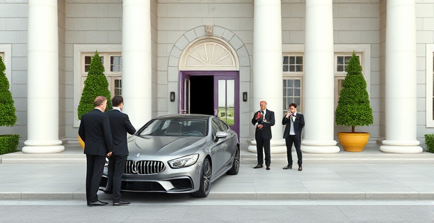 Una escena que muestra un edificio oficial con periodistas apostados en la puerta, mientras un hombre sale en un coche gris. Al fondo, se ve un inmueble residencial de lujo.