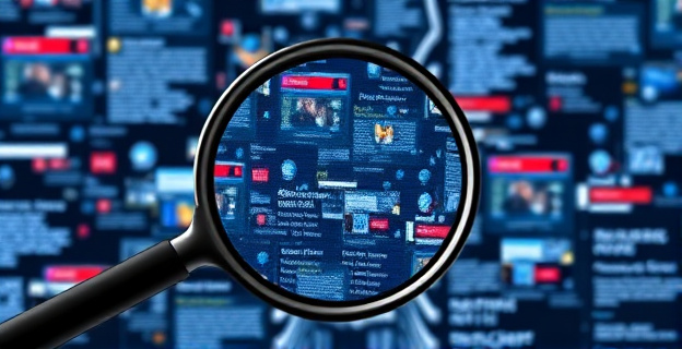 Una lupa sobre un paisaje digital fragmentado, con titulares y fragmentos de texto desvaneciéndose en un mar de información