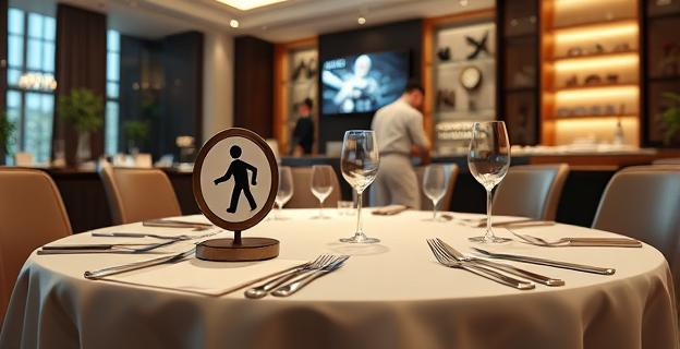 Un restaurante de alta cocina con una estrella Michelin en una mesa con mantel blanco y cubiertos de plata, con un chef cocinando con una televisión en el fondo