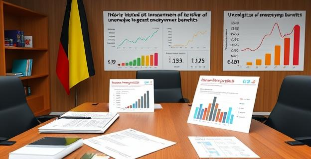 Imagen de una oficina gubernamental belga con documentos y gráficos que ilustran la reforma de las prestaciones por desempleo, con un fondo que muestra estadísticas de desempleo y gráficos de crecimiento económico