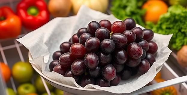 Imagen de un plato poco profundo con uvas frescas cubiertas con papel absorbente, en un frigorífico con verduras alrededor