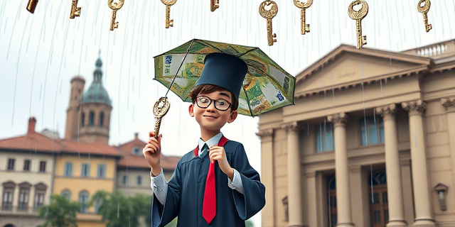 Una ilustración conceptual y satírica. Un joven graduado con toga y birrete intentando subir una escalera hecha de monedas y billetes hacia un apartamento flotante y lujoso, mientras una mano gigante con un sello de banco sostiene la escalera. Estilo editorial moderno, colores vibrantes pero con un toque cínico, fondo urbano de Bolonia estilizado.