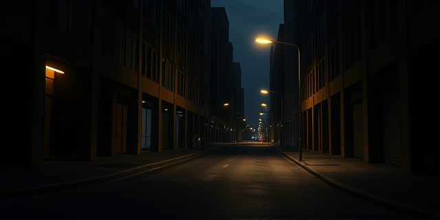 Una calle oscura y vacía en una ciudad moderna, con sombras alargadas y una iluminación tenue. Un farol parpadeante ilumina parcialmente la escena, creando una atmósfera de inquietud y suspense. Estilo pictórico realista con toques de expresionismo.