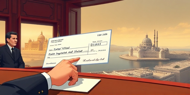 Una ilustración conceptual y satírica. Un escritorio gubernamental lujoso donde una mano con traje firma un cheque gigante destinado a un palacio dorado lejano, mientras al fondo, una pequeña ciudad costera amurallada está cubierta por una sombra de abandono y grietas. Estilo editorial de revista política, colores contrastados, sin rostros reconocibles.