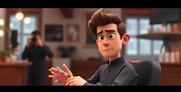 Un peluquero trabajando en su local mientras una persona graba desde la calle, con un gesto de sorpresa o enfado en su rostro