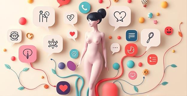 Una representación abstracta de la comunicación y la identidad, con una paleta de colores vibrantes y formas orgánicas entrelazadas. Se aprecian burbujas de diálogo que contienen símbolos diversos, no palabras, conectadas por líneas sutiles a una figura central estilizada que evoca la forma del cuerpo femenino sin ser explícita, rodeada de elementos que sugieren diferentes emociones y experiencias.