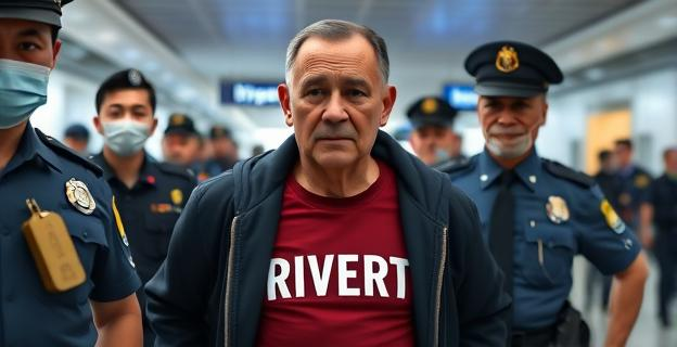 Imagen de un hombre de 49 años siendo detenido en un aeropuerto, con una camiseta de River escondida bajo la campera, mientras agentes de policía y funcionarios de migración lo rodean.