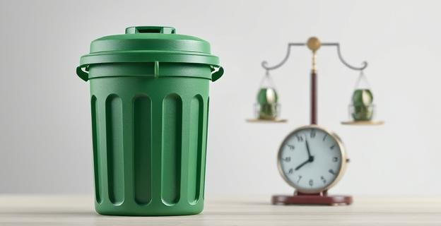 Imagen de un contenedor de basura con una balanza en el fondo, representando la tasa de basuras y el principio de 