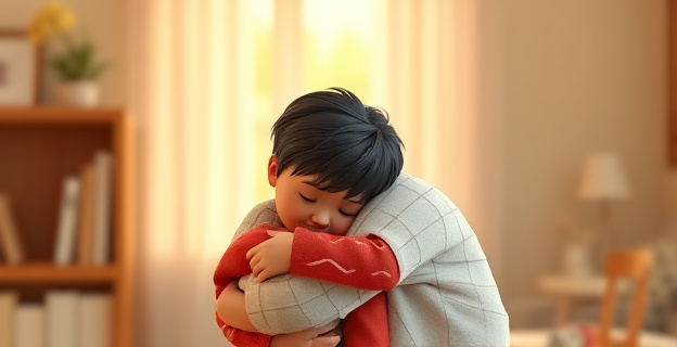 Una madre reconfortando a su hijo con un abrazo en un ambiente cálido y seguro.