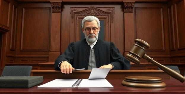 Una juez en un juzgado, con documentos legales y un martillo, representando la justicia en acción.