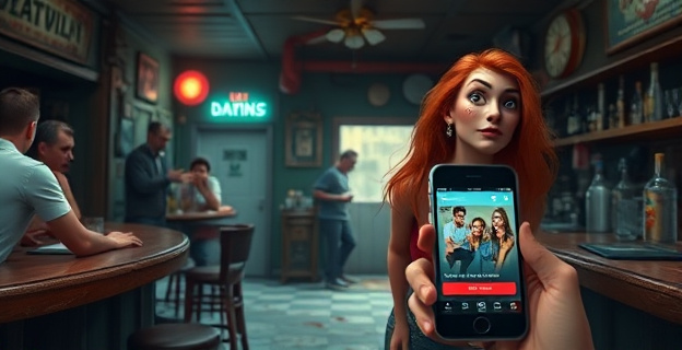 Un bar de aspecto descuidado y sucio, con clientes y empleados con expresiones sospechosas y amenazantes, mientras una mujer joven sale rápidamente del local con una expresión de alivio. Al fondo, se ve una pantalla de teléfono con una aplicación de citas abierta.