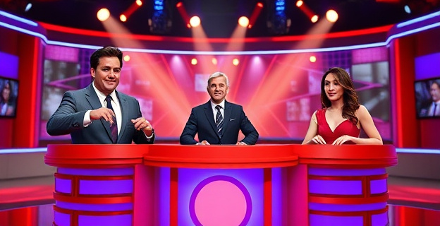 Una imagen que represente la emoción y expectación en torno a un concurso televisivo, con un presentador carismático y dos concursantes nerviosos pero decididos, en un plató iluminado y dinámico.