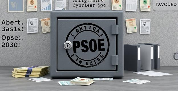 Una caja fuerte con dinero en efectivo y un sello del PSOE en ella, sobre un fondo gris con documentos y carpetas relacionadas con finanzas