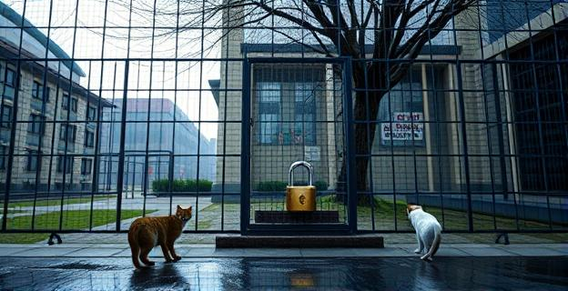 Un recinto municipal cerrado con un candado y gatos callejeros alrededor, con un ambiente de tensión y conflicto