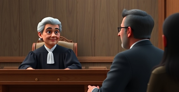 Una juez y su marido, ambos con toga, sentados en una sala de vistas, mientras el marido interviene en la declaración de un testigo.