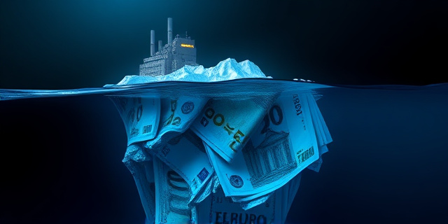 Ilustración digital abstracta que representa un iceberg. La punta visible del iceberg es una empresa industrial con el logo borroso de 