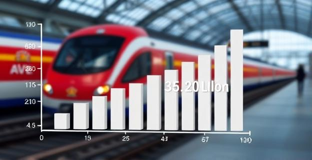 Gráfico que muestra la evolución creciente de la deuda pública en España con un fondo de gráfico de barras representando los 35.237 millones de euros y una línea de tendencia ascendente. Al fondo, una imagen borrosa de una estación de tren con un AVE en ella.