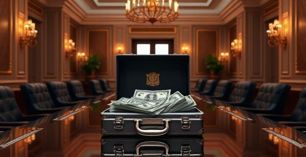 Maletín con dinero en metálico sobre una mesa de reuniones en una mansión lujosa