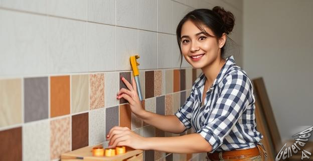 Una mujer trabajando en una obra de construcción con herramientas y materiales alrededor, sonriendo mientras alicata una pared.