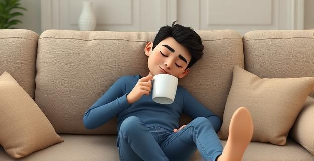 Una persona durmiendo la siesta en un sofá mientras sostiene una taza de café vacía.
