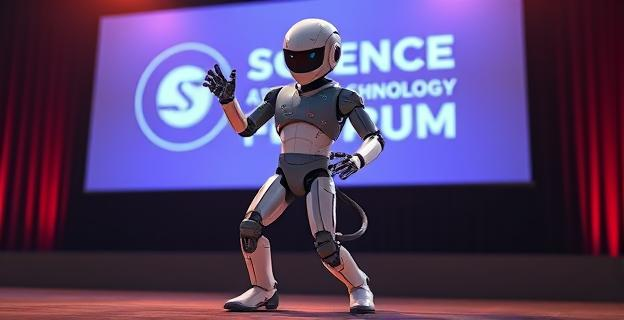 Imagen de un robot humanoide con traje futurista en un escenario, con luces y cables visibles, mientras realiza un baile extraño. Al fondo, una pantalla muestra el logo del Foro de Ciencia y Tecnología.