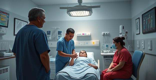 Un hospital con personal sanitario atendiendo a una paciente en una sala de urgencias, con un ambiente tenso y una doctora de origen peruano hablando con la paciente y su padre.
